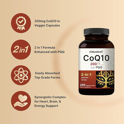NatureBell CoQ10 (Ubiquinone) 200mg with PQQ, 240 Veggie Capsules | Stable High Absorption Form – Antioxidant Support for Brain, Heart, & Energy Health – Extra Strength Coenzyme Q10 Supplement