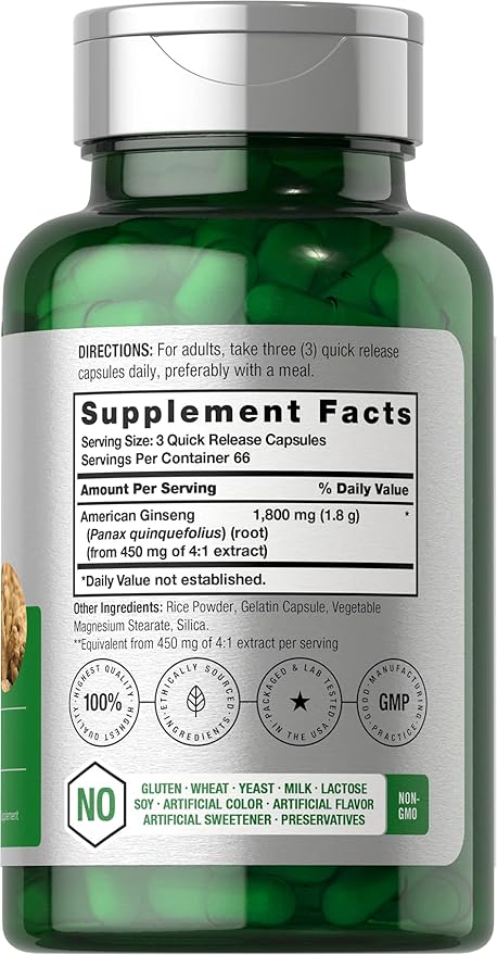 Horbäach American Ginseng Capsules | 1800 mg | 200 Count | Non-GMO, Gluten Free Supplement | Ginseng Root Extract Complex