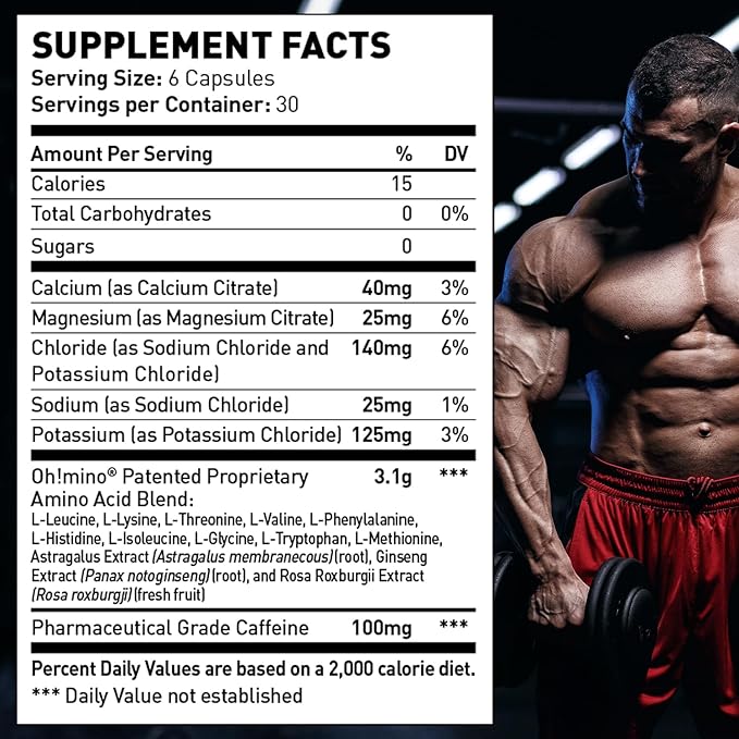 Oh!mino Oh! Nutrition Muscle Synthesis Activator, Electrolyte Capsules with Essential Amino Acids & 100mgs of Pharma-Grade Caffeine, Pre Workout, Post Workout for Men and Women, 180 Vegan Capsules