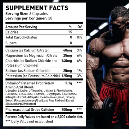 Oh!mino Oh! Nutrition Muscle Synthesis Activator, Electrolyte Capsules with Essential Amino Acids & 100mgs of Pharma-Grade Caffeine, Pre Workout, Post Workout for Men and Women, 180 Vegan Capsules