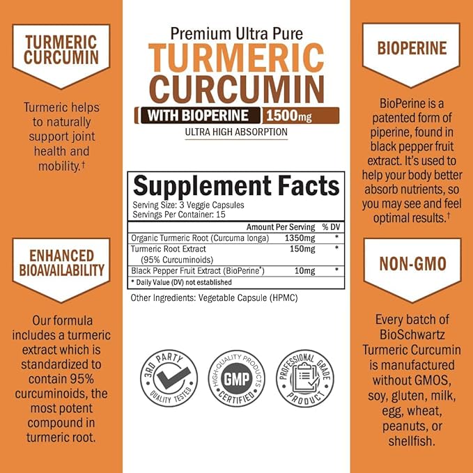 Turmeric Curcumin with Black Pepper Extract 1500mg - High Absorption Ultra Potent Turmeric Supplement with 95% Curcuminoids and BioPerine - Non GMO Turmeric Capsules for Joint Support - 45 Capsules