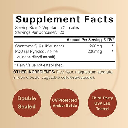 NatureBell CoQ10 (Ubiquinone) 200mg with PQQ, 240 Veggie Capsules | Stable High Absorption Form – Antioxidant Support for Brain, Heart, & Energy Health – Extra Strength Coenzyme Q10 Supplement
