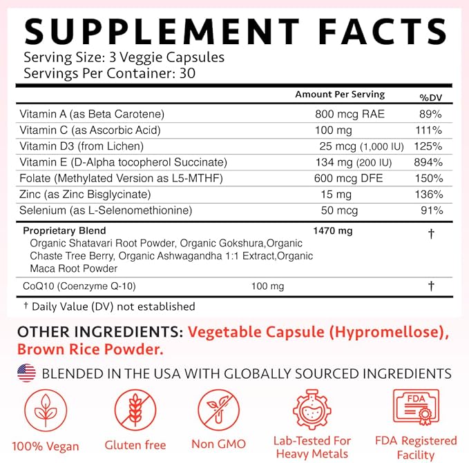 Ayurvedic Fertility Supplements for Women | Support Ovulation | Conception for Women | Egg Quality | CoQ10, Maca Root, Vitex, & Vitamins | Vegan | 90 Capsules - OSH Wellness