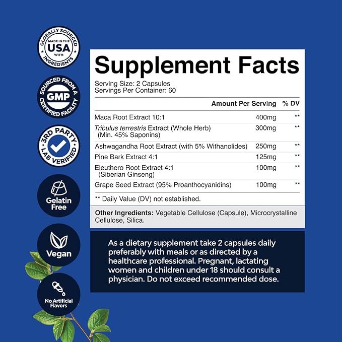 Potent Black Maca Root Capsules for Men - Herbal Wellness Supplement with Siberian Ginseng Ashwagandha and Black Maca Root - Men’s Wellness Supplement to Support General Health (60 Servings)