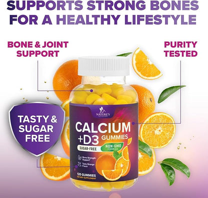 Sugar Free Calcium Gummy Bites Plus 400 IU Vitamin D3, Bone Health & Immune Support - Chewable Calcium Nutrition Supplement, Non-GMO, Orange Flavor Chews - 120 Gummies