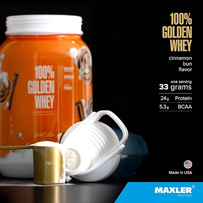 Maxler 100% Golden Whey Protein - 24g of Protein per Serving - Premium Whey Protein Powder for Pre Post Workout - Fast-Absorbing Whey Concentrate, Isolate & Hydrolysate Blend - Cinnamon Bun 2 lbs