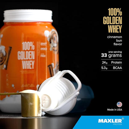 Maxler 100% Golden Whey Protein - 24g of Protein per Serving - Premium Whey Protein Powder for Pre Post Workout - Fast-Absorbing Whey Concentrate, Isolate & Hydrolysate Blend - Cinnamon Bun 2 lbs