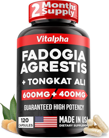 600mg Fadogia Agrestis Extract, 400mg Tongkat Ali Supplement & Bioperine - Maximum Strength Blend for Athletic Performance & Muscle Mass - Fadogia Agrestis & Tongkat Ali for Men - 120 V-Caps