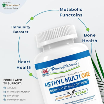 Power By Naturals Methyl Multi One - Vegan Methylated Multivitamin for Men & Women with Methylfolate & Methyl B12 for MTHFR Maintenance, 60 Capsules, 2 Month Supply, USA-Made, Gluten-Free