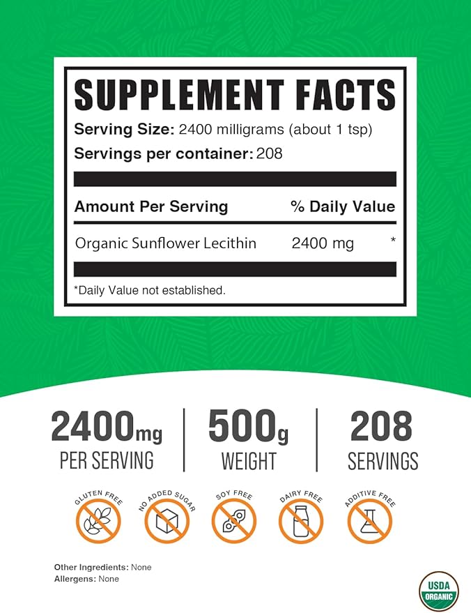 BulkSupplements.com Organic Sunflower Lecithin Powder - Sunflower Lecithin Supplement, Lecithin Powder Food Grade - Vegan & Gluten Free, 2400mg per Serving, 500g (1.1 lbs) (Pack of 1)