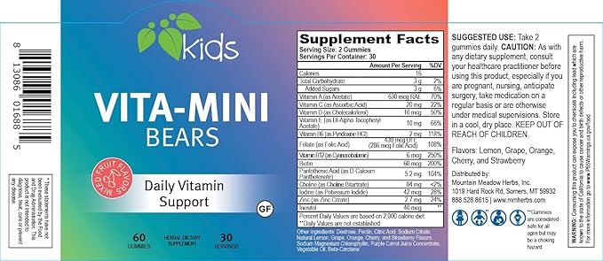 Mountain Meadow Herbs Vita-Mini Bears for Children | Multivitamin with Biotin, Folic & Pantothenic Acid, Iodin, Zinc | for Children’s Healthy Development | Fruit Gummies, 60 ct.