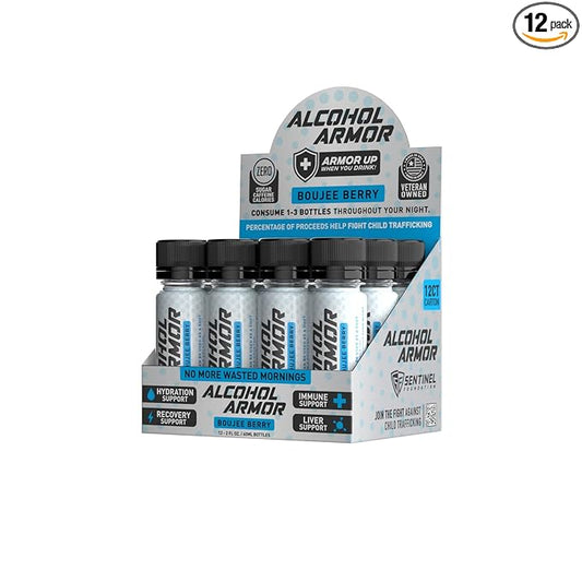 Alcohol Armor Boujee Berry Elixir - Hydration Support, Essential Vitamins and Electrolytes, Vitamin B12, Milk Thistle - 12 Pack