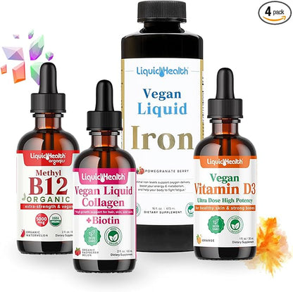 LIQUIDHEALTH Vegan Daily Essentials Vitamin Starter Kit with Organic Methyl B12 Drops, Vegan Liquid Collagen + Biotin, Vegan Liquid Iron, Vegan Vitamin D3 Drops - 100% Plant-Based Vitamin Supplements