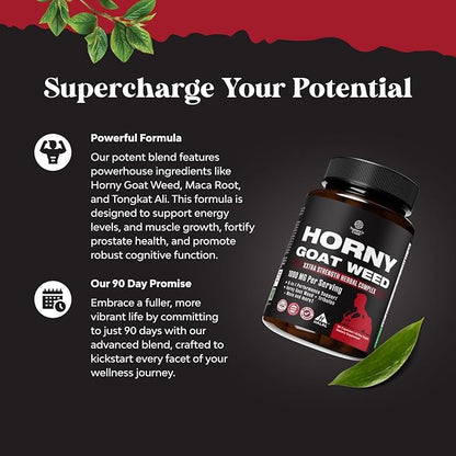 Horny Goat Weed for Male Enhancement - Extra Strength Horny Goat Weed for Men 1000mg per serving Complex with Tongkat Ali Saw Palmetto Extract Panax Ginseng and Black Maca Root for Stamina & Energy