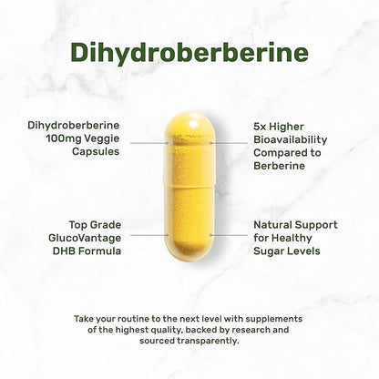 Dihydroberberine 100mg Per Serving, 120 Veggie Capsules – 5X More Bioavailable Than Berberine HCL – Heart Health Supplement – GlucoVantage Formula, Vegan, Non-GMO