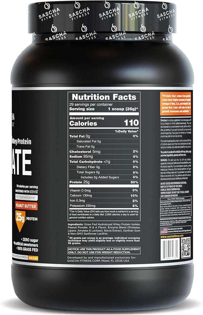SASCHA FITNESS Hydrolyzed Whey Protein Isolate,100% Grass-Fed (2.3 Pounds, Peanut Butter)