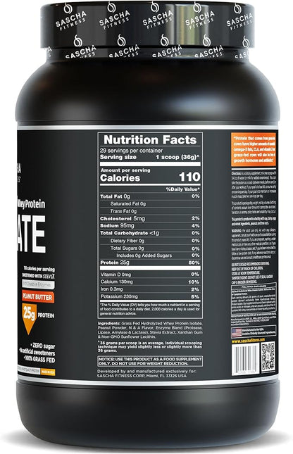 SASCHA FITNESS Hydrolyzed Whey Protein Isolate,100% Grass-Fed (2.3 Pounds, Peanut Butter)