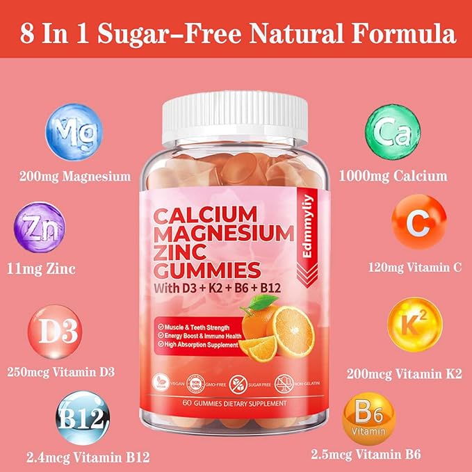 Sugar Free Calcium Magnesium Zinc Supplement Gummies with Vitamin D3 & B12 for Women and Men High Absorption Calcium Magnesium Supplement for Bone & Teeth Strength, Muscle & Immune (120 Counts)