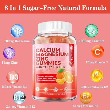 Sugar Free Calcium Magnesium Zinc Supplement Gummies with Vitamin D3 & B12 for Women and Men High Absorption Calcium Magnesium Supplement for Bone & Teeth Strength, Muscle & Immune (120 Counts)