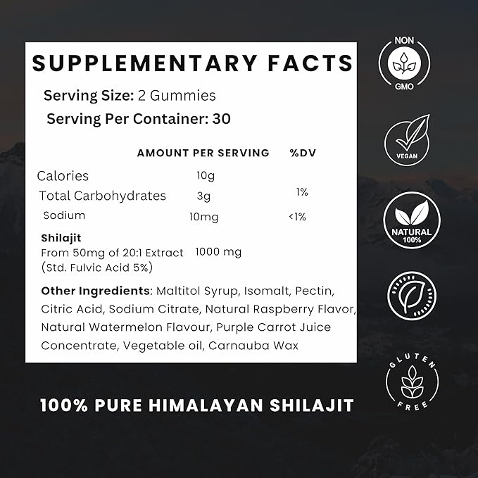 Pure Himalayan Shilajit Resin Potency Gummies Supplement for Men & Women | 1000mg Sugar Free 85+ Trace Minerals | Immumity, Energy, Vitality & Brain | Natural Raspberry Flavor (60 Count)