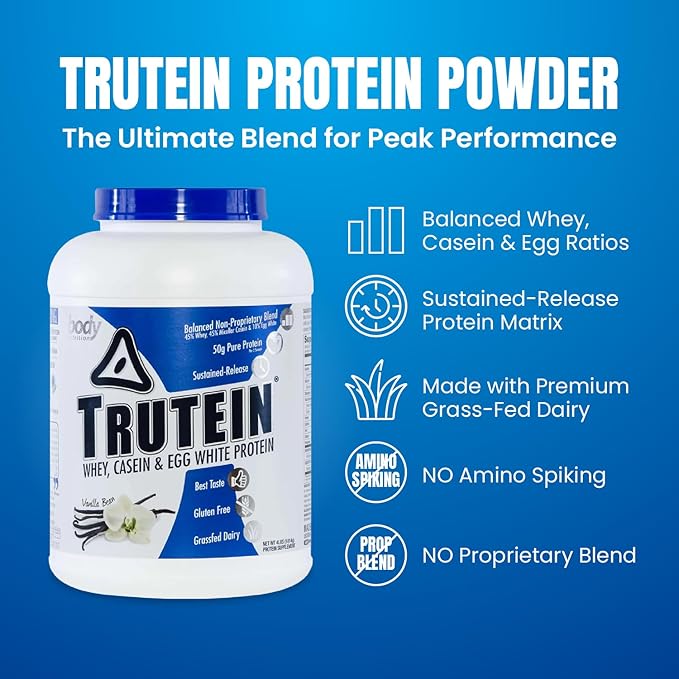 Body Nutrition Trutein High Protein Powder: 45% Whey, 45% Casein, 10% Egg White Protein Shake Mix, Gluten-Free, Low Sodium, Low Carb Protein Supplement Powder for Men & Women, Vanilla Bean, 4lb
