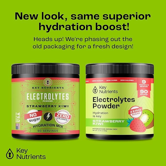 KEY NUTRIENTS Multivitamin Electrolytes Powder No Sugar - Juicy Strawberry Kiwi Electrolyte Powder - Endurance & Energy Supplement - Hydration Powder - No Calories - 90 Servings - Made in USA