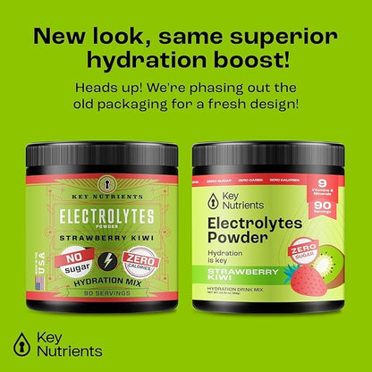 KEY NUTRIENTS Multivitamin Electrolytes Powder No Sugar - Juicy Strawberry Kiwi Electrolyte Powder - Endurance & Energy Supplement - Hydration Powder - No Calories - 90 Servings - Made in USA