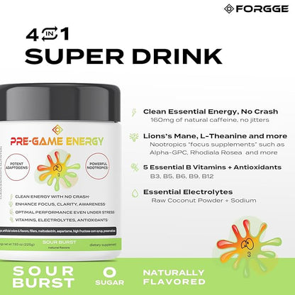 Forgge Focus Energy Drink Powder - Lion’s Mane, Alpha-GPC, L-Theanine and Nootropics for Focus - Vitamins + Electrolytes - Natural Caffeine, Sugar Free (Sour Burst)
