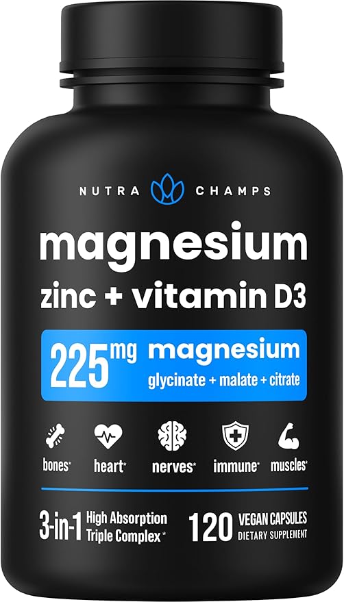 NutraChamps Magnesium Zinc & Vitamin D3 Supplement - Most Bioavailable Forms; Magnesium Glycinate, Malate, Citrate - Bone, Muscle & Heart Health, Immune Support - 120 Vegan Capsules