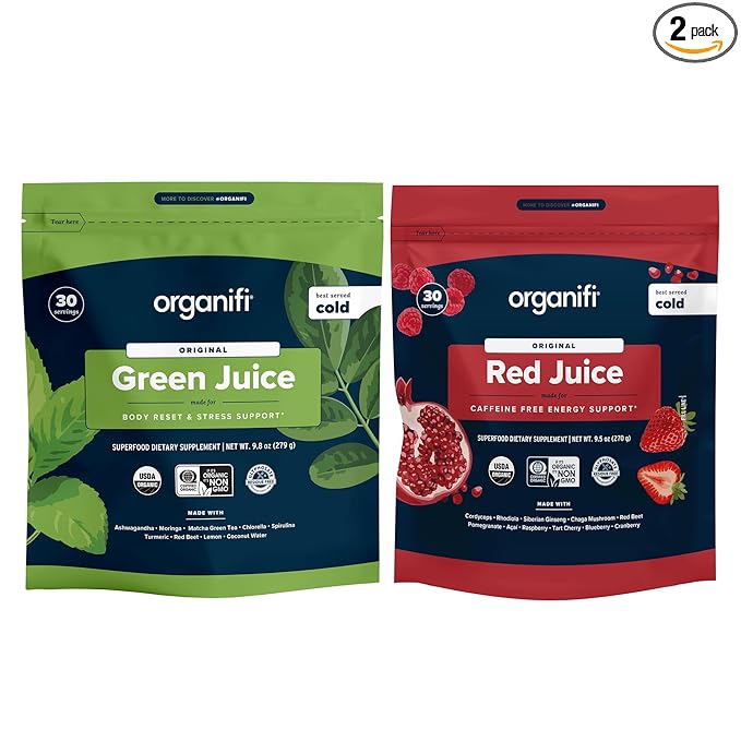 Organifi Green Juice and Red Juice Bundle - 30 Day Supply - Delicious, Refreshing Organic Superfood Supplement Powder With Antioxidants for Energy and Stress Relief Support - No GMO, Gluten, or Soy
