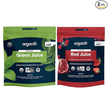 Organifi Green Juice and Red Juice Bundle - 30 Day Supply - Delicious, Refreshing Organic Superfood Supplement Powder With Antioxidants for Energy and Stress Relief Support - No GMO, Gluten, or Soy