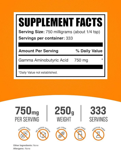 BulkSupplements.com GABA Powder - Gamma Aminobutyric Acid, GABA Supplement, GABA 750mg - Amino Acid Supplement, Gluten Free, 750mg per Serving, 250g (8.8 oz) (Pack of 1)