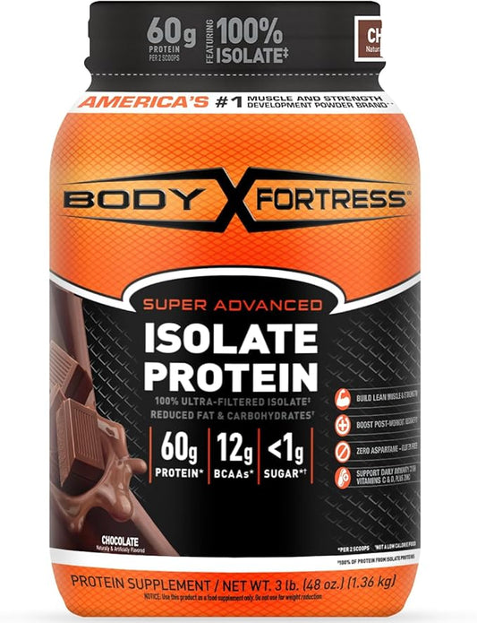 Body Fortress Super Advanced Whey Protein Isolate Powder, Great for Meal Replacement Shakes, Low Carb, Gluten Free, Chocolate, 3 lbs