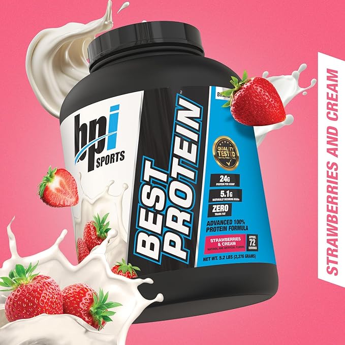 BPI Sports Best Protein – 100% Whey Protein Blend – Muscle Growth, Recovery, Meal Replacement – No Maltodextrin, No Fillers – Gluten Free – For Men & Women – Strawberries and Cream – 5.2 Pounds