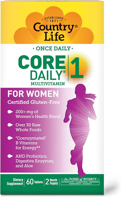 Country Life Women’s Core 1 Daily Multivitamin with Iron, Cranberry, Probiotics, and Digestive Enzymes-Certified Gluten-Free Formula for Energy, Immune Support and Complete Digestive Health,60 Tablets