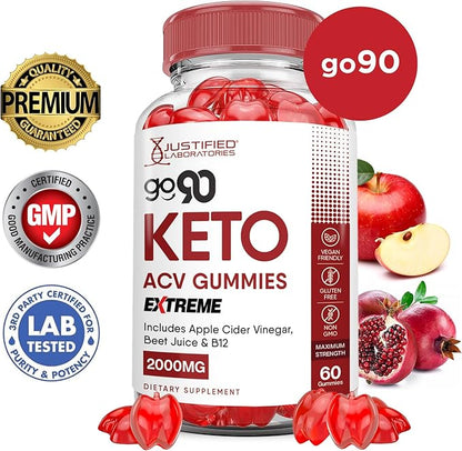 Go 90 Keto ACV Gummies Extreme 2000MG Go90 Keto Gummies Apple Cider Vinegar Formulated with Pomegranate Beet Juice Powder B12 Vegan Non GMO 60 Gummys