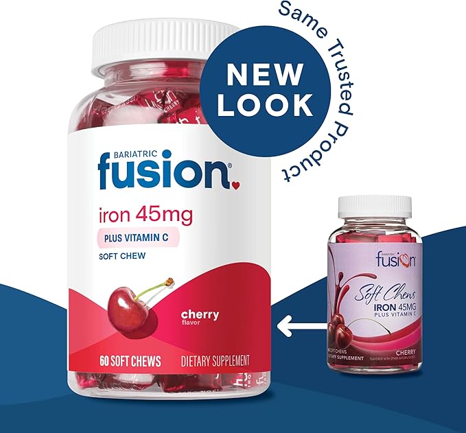 Bariatric Fusion Iron Soft Chew with Vitamin C | Cherry Flavored | Chewy Vitamin for Bariatric Patients | Gluten Free | Iron Supplement for Women and Men | 60 Count | 2 Month Supply