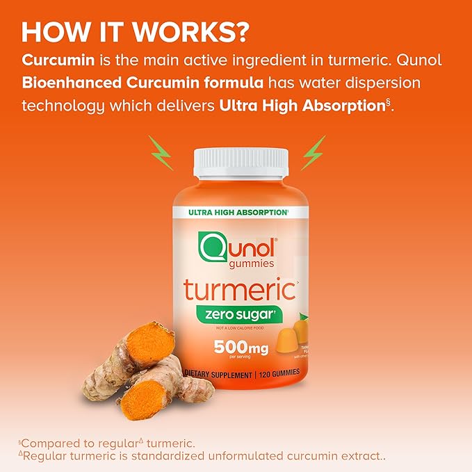 Qunol Zero Sugar Turmeric Gummies, Gummy with 500mg Turmeric Curcumin, Joint Support Supplement, Ultra High Absorption Tumeric Curcumin, Vegetarian, Gluten Free, 120 Count