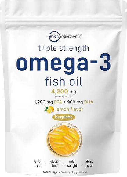 Micro Ingredients Triple Strength Omega 3 Fish Oil Supplements 4200mg Per Serving, 240 Softgels – Lemon Flavored – Burpless | EPA 1200mg + DHA 900mg | Deep Sea Fish.