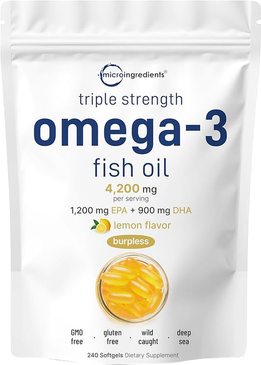 Micro Ingredients Triple Strength Omega 3 Fish Oil Supplements 4200mg Per Serving, 240 Softgels – Lemon Flavored – Burpless | EPA 1200mg + DHA 900mg | Deep Sea Fish.