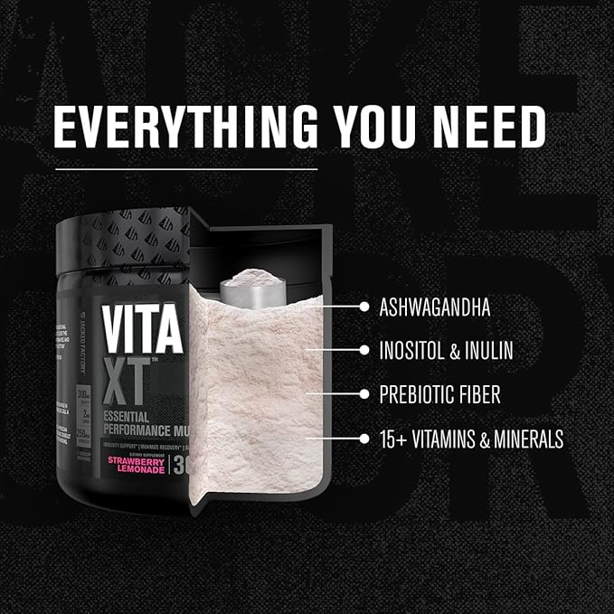 Jacked Factory Vita XT Performance Vitamin Powder - Daily Multivitamin Powder for Men with KSM-66 Ashwagandha, Prebiotic Fiber, Vitamin A, C, D, K, B6, B12, & More - Strawberry Lemonade, 30Sv
