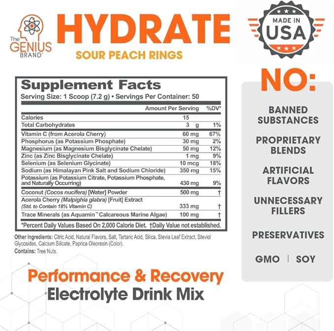 Genius Hydrate Powder Drink Mix Sour Peach Rings 50 Servings Natural Electrolyte Hydration Booster Endurance Supplement with Coconut Water Potassium Magnesium Zinc Sugar Free No Artificial Sweeteners
