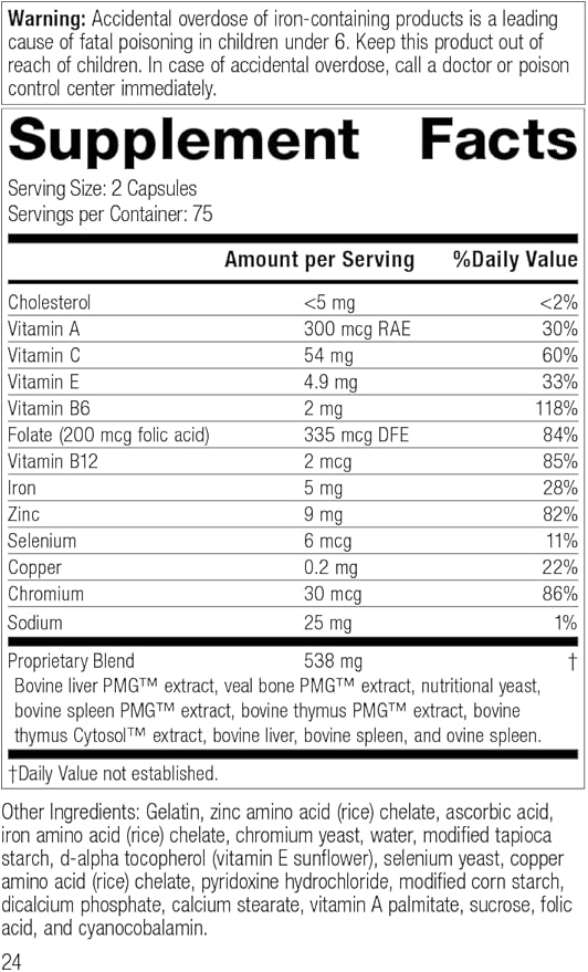 Standard Process Immuplex - Daily Immune Support Supplement with Folate, Iron, Vitamin C & Vitamin A - Mineral Supplement with Antioxidant Ingredients - 150 Capsules