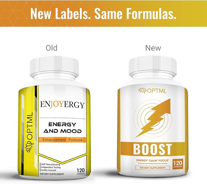 OPTML Boost, 100mg Caffeine Pills with 200mg L-Theanine, Energy Pills for Mood Elevation and Sharper Focus, Blend of Caffeine Anhydrous and Tea Derived L-Theanine, No Crash, No Jitters, 120 Capsules