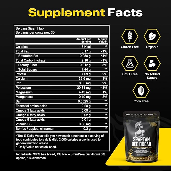 Spartan Bee Bread Chewables Natural Multivitamin | High Absorption Organic Bee Pollen & Honey | Fermented By Bees For Energy, Vitality, Sleep, Recovery, Immunity | Non GMO, Nothing Synthetic