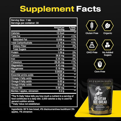Spartan Bee Bread Chewables Natural Multivitamin | High Absorption Organic Bee Pollen & Honey | Fermented By Bees For Energy, Vitality, Sleep, Recovery, Immunity | Non GMO, Nothing Synthetic