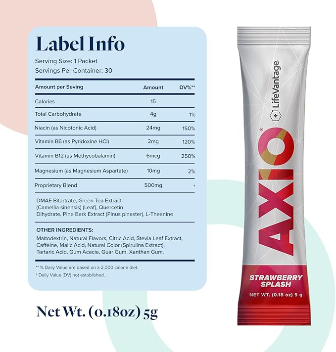 AXIO Regular Energy Drink Powder, Strawberry Splash, 30 Packets, Instant Energy Powder, Energy Supplement in a Drink Mix, w/B Vitamins, DMAE, L-Theanine, Quercetin, Green Tea & Pine Bark Extract