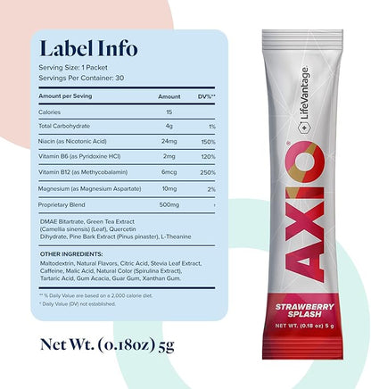 AXIO Regular Energy Drink Powder, Strawberry Splash, 30 Packets, Instant Energy Powder, Energy Supplement in a Drink Mix, w/B Vitamins, DMAE, L-Theanine, Quercetin, Green Tea & Pine Bark Extract