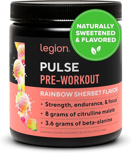 LEGION - All Natural Nitric Oxide Preworkout Drink to Boost Energy, Creatine Free, Naturally Sweetened, Beta Alanine, Citrulline, Alpha GPC (Rainbow Sherbet)