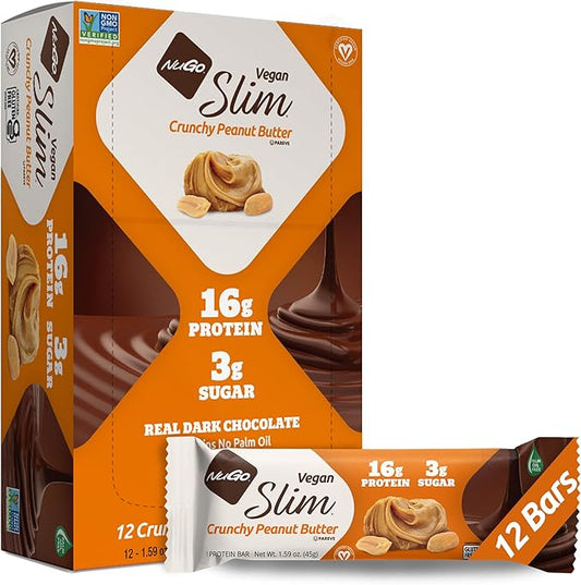 NuGo Slim Dark Chocolate Crunchy Peanut Butter, 17g Vegan Protein, 3g Sugar, 7g Fiber, 180 Calories, Low Net Carbs, Gluten Free, 12 Count